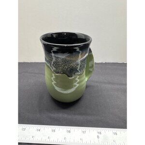 Handcrafted Right Handed Ceramic Mug Black & Green Glossy Unique Design 14 oz